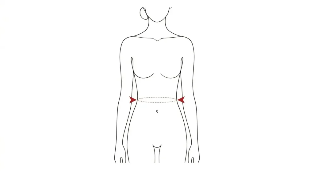 Dessin explicatif montrant la prise de mesure du tour de taille au creux de la silhouette pour les mensurations mannequin