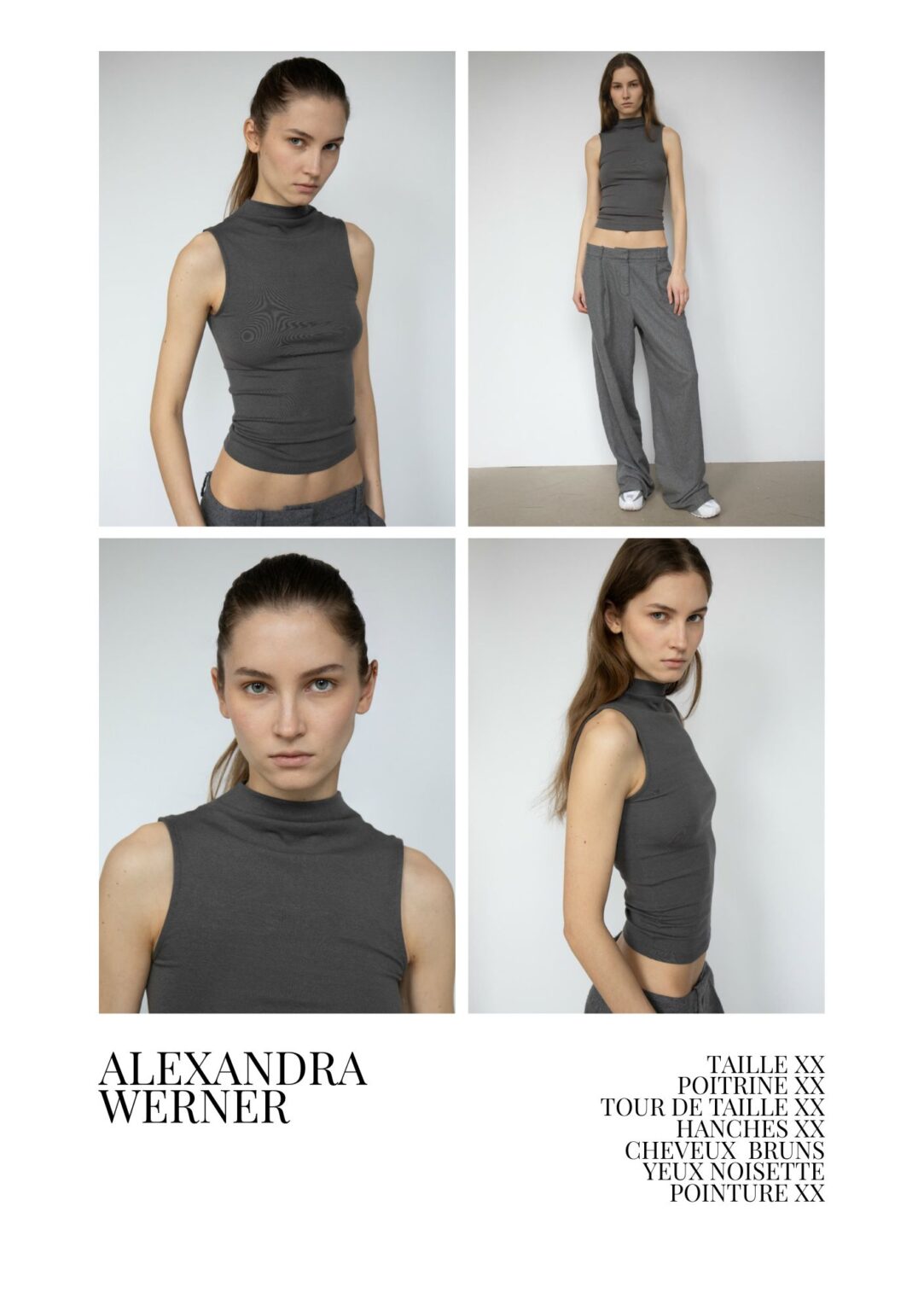 Exemple template Comp card Canva avec 4 photos polas de mannequin et mensurations pour agence